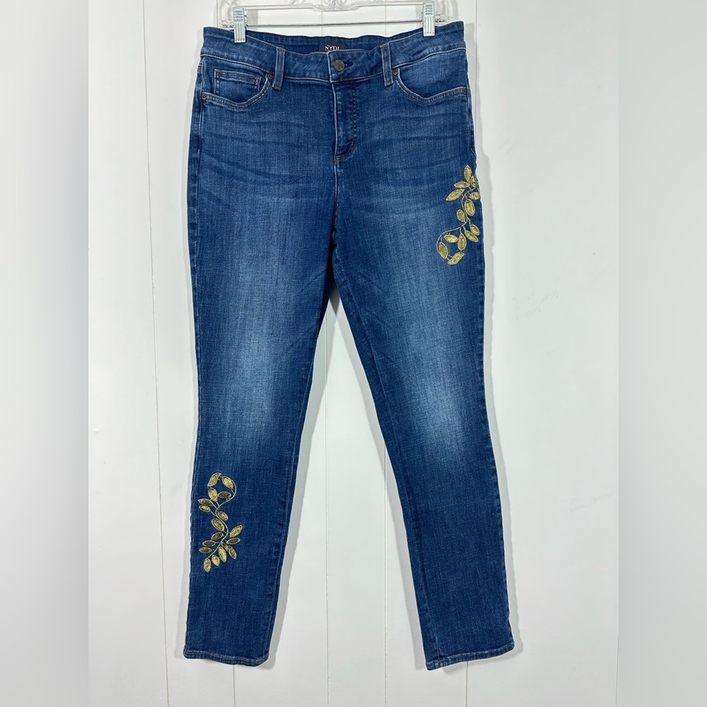 NYDJ Alina Legging Sz 12 Gold Floral Embroidered Denim Blue Jeans stretch Womens